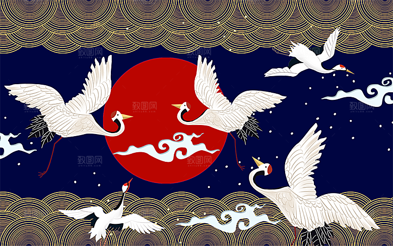 中国风白鹤插画背景