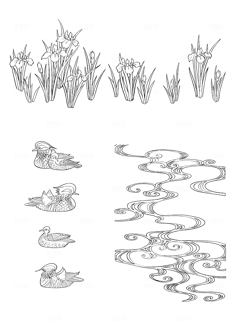 日系矢量线条花卉素材