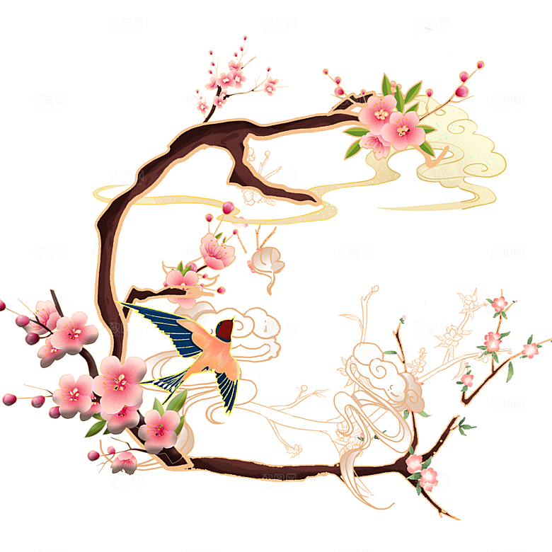 免抠手绘桃花燕子插画