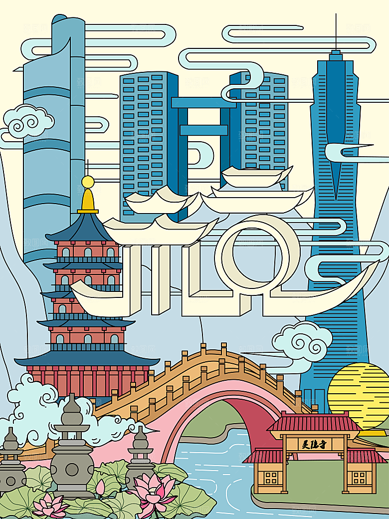 矢量名胜古迹地标城市景点插画背景