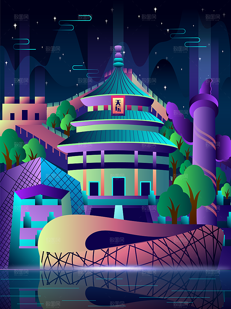 矢量名胜古迹地标城市景点插画背景