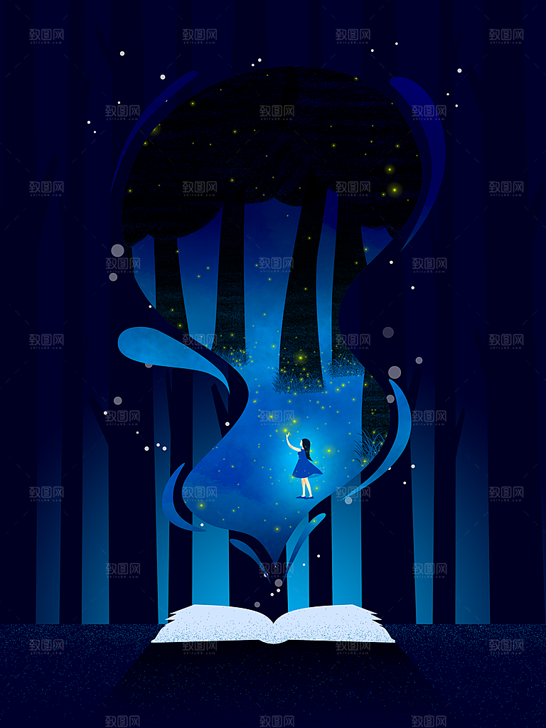 唯美晚安插画文艺小清新海报