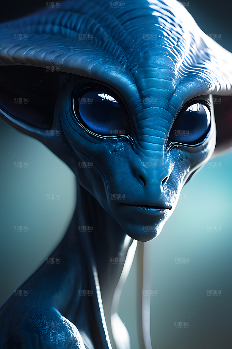 面部特写一个拥有蓝色长耳朵的外星人