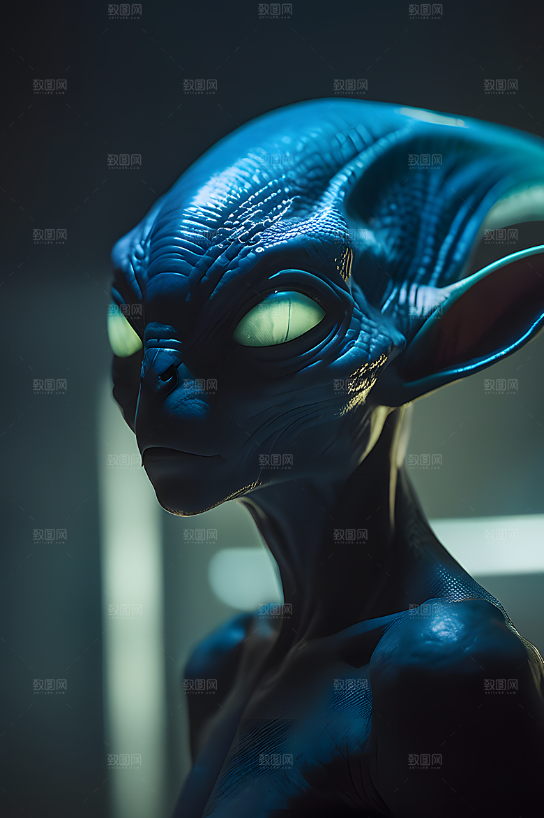 面部特写一个拥有蓝色长耳朵的外星人