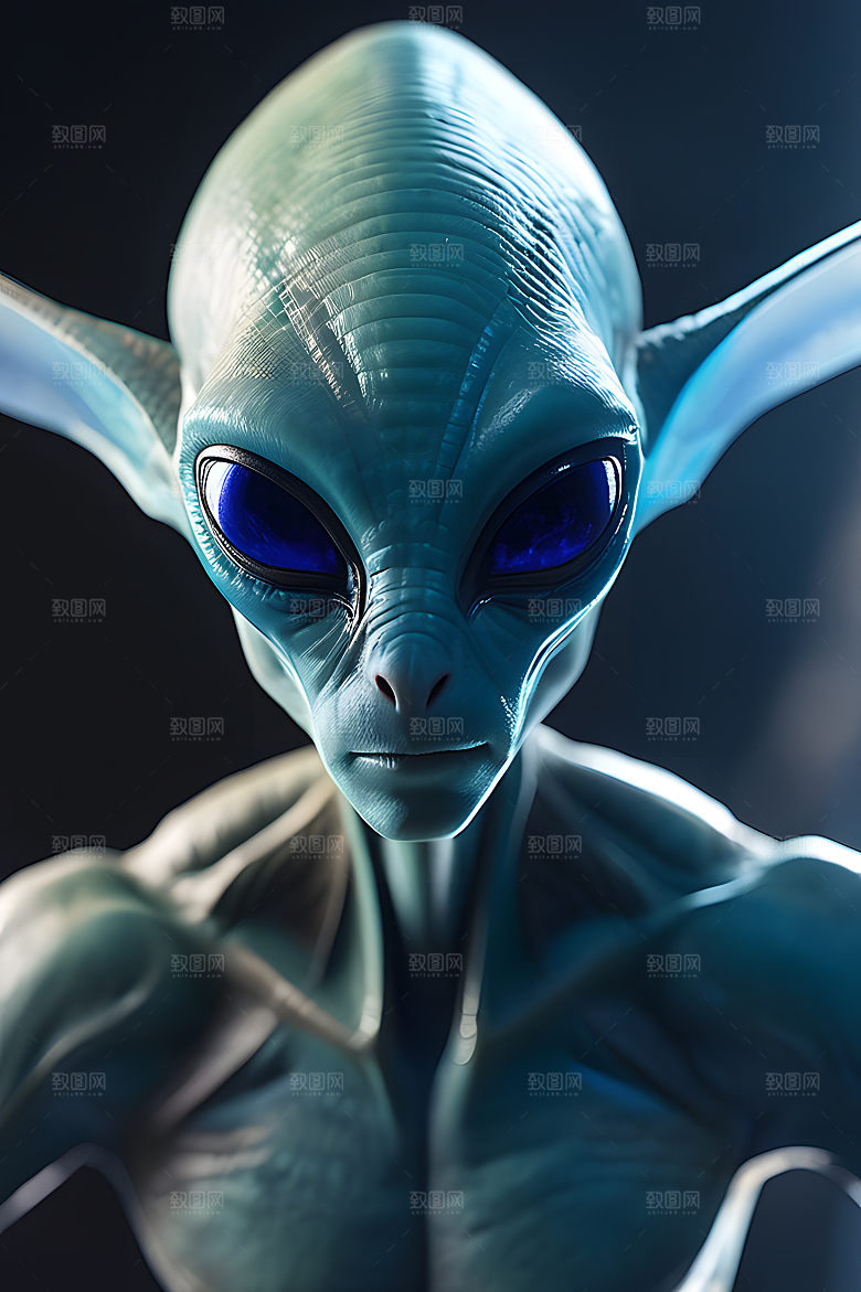 面部特写一个拥有蓝色长耳朵的外星人