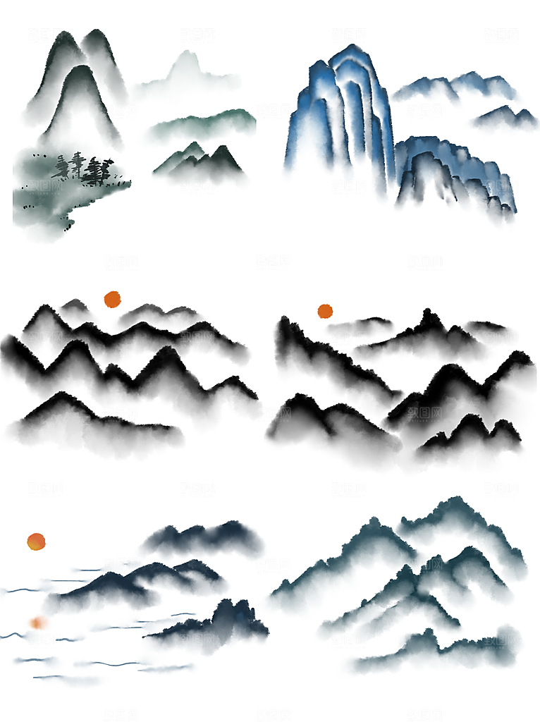 水墨山水画元素插画