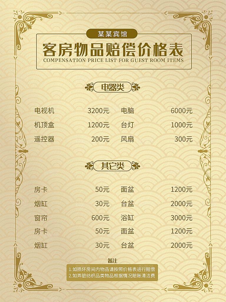 客房物品赔偿价格表