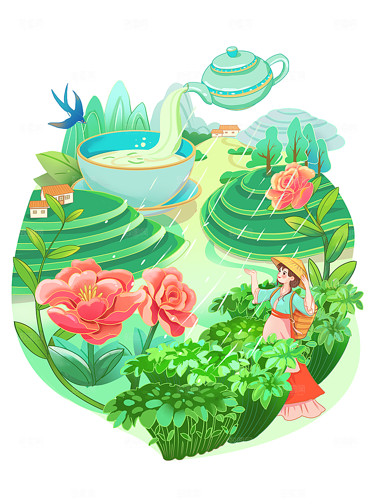 茶叶元素采茶女山水炒茶元素插画