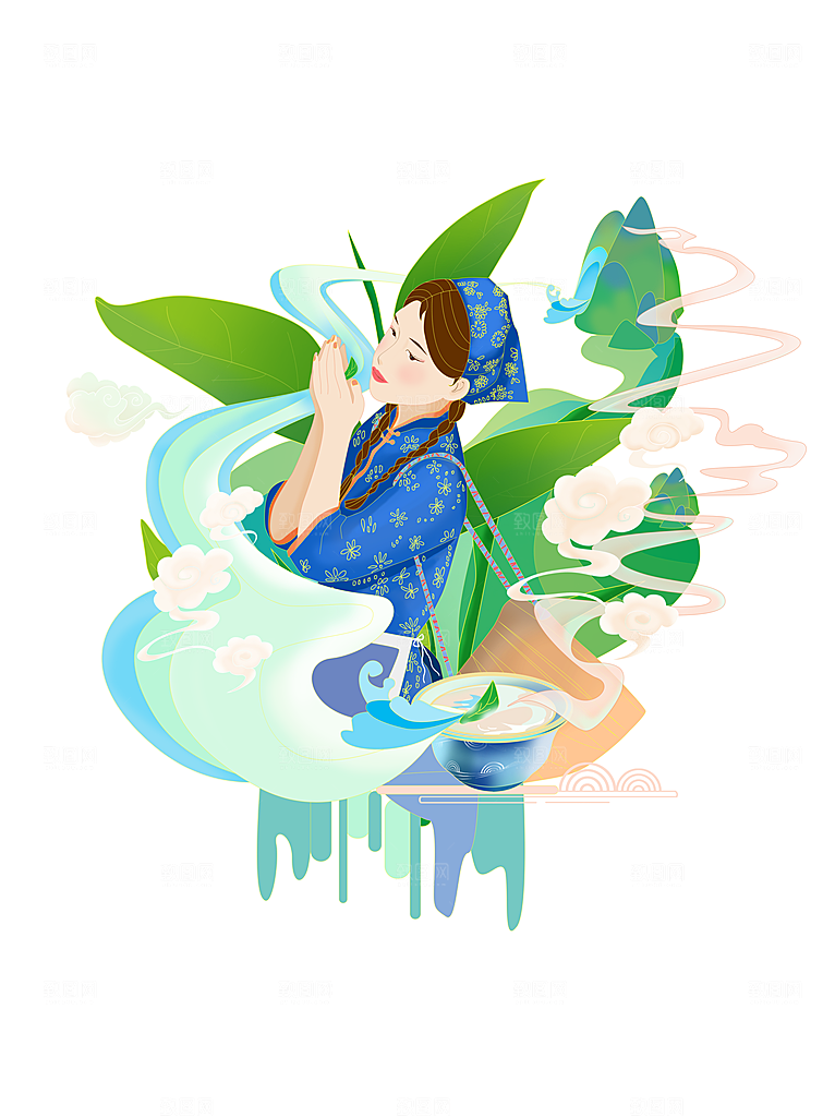茶叶元素采茶女山水炒茶元素插画