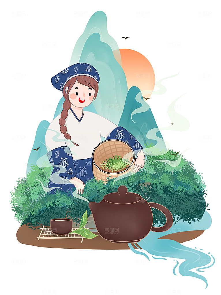 茶叶元素采茶女山水炒茶元素插画