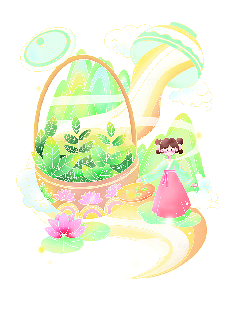 茶叶元素采茶女山水炒茶元素插画