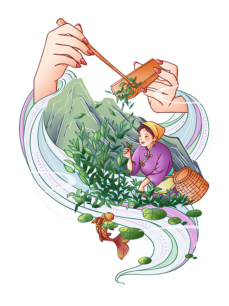 茶叶元素采茶女山水炒茶元素插画