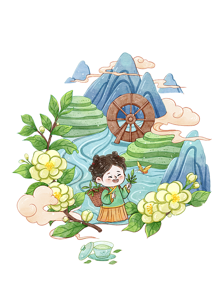 茶叶元素采茶女山水炒茶元素插画