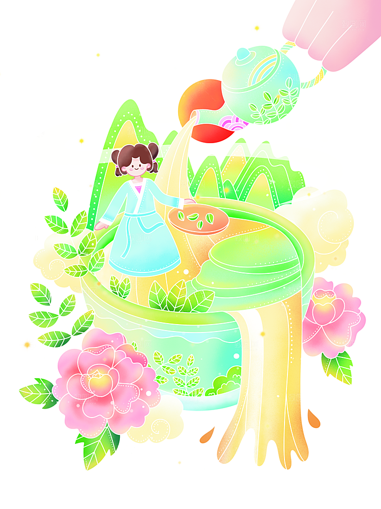 茶叶元素采茶女山水炒茶元素插画