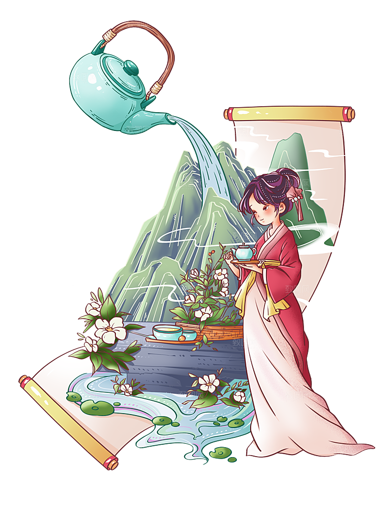 茶叶元素采茶女山水炒茶元素插画