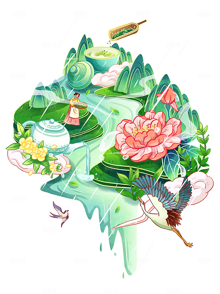 茶叶元素采茶女山水炒茶元素插画