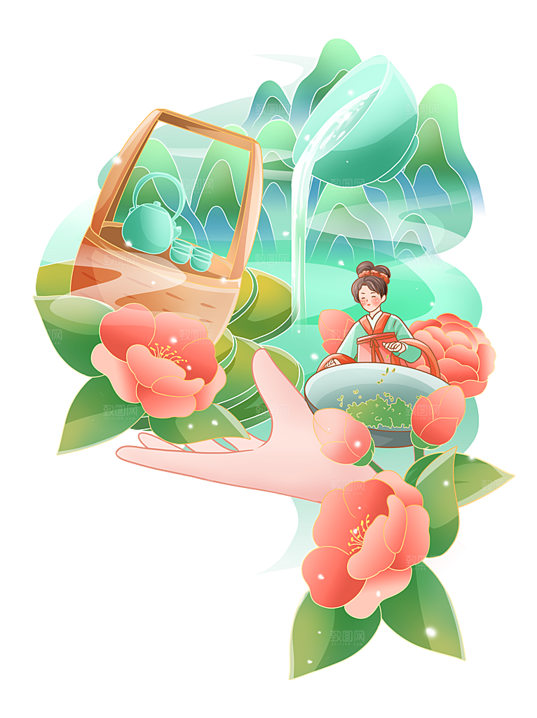 茶叶元素采茶女山水炒茶元素插画