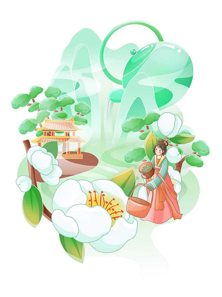 茶叶元素采茶女山水炒茶元素插画