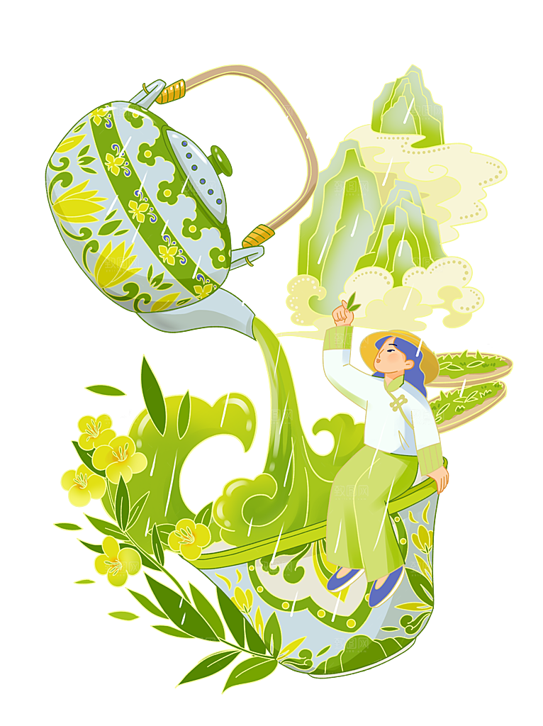 茶叶元素采茶女山水炒茶元素插画