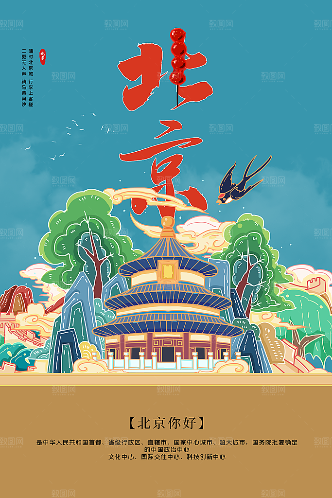 卡通北京创意手绘旅游城市插画海报