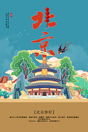 卡通北京创意手绘旅游城市插画海报