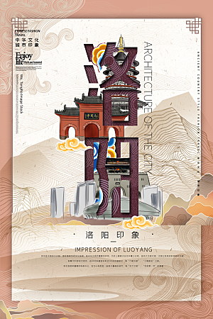 中国风洛阳手绘城市旅游地标文化海报