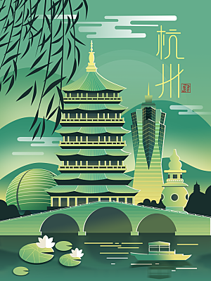 手绘地标建筑中国风旅游城市插画