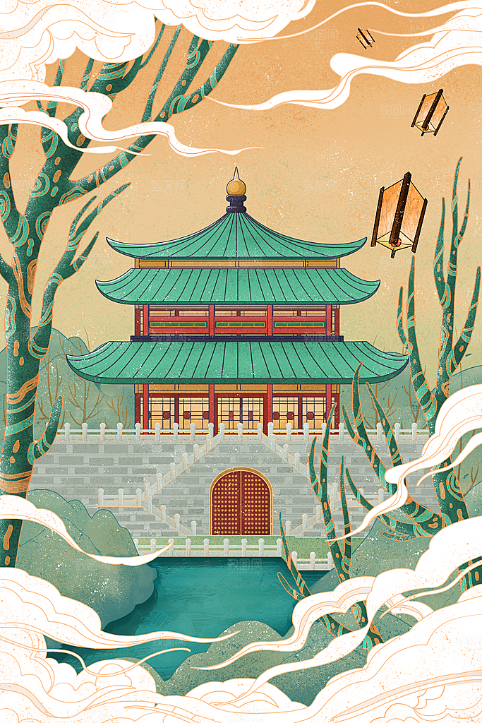 创意手绘中国风旅游城市地标卡通插画