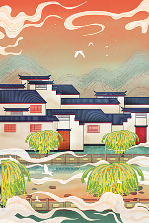 创意手绘中国风旅游城市地标卡通插画