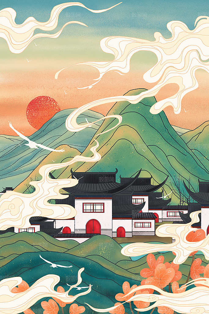 中国风地标建筑手绘城市景点景区插画