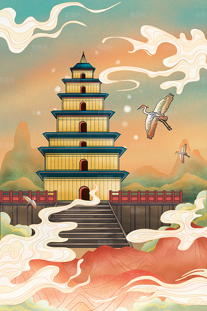 中国风地标建筑手绘城市景点景区插画