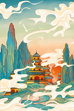 中国风地标建筑手绘城市景点景区插画
