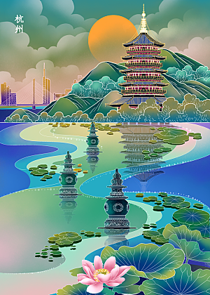 中国风杭州地标建筑手绘城市景点景区插画