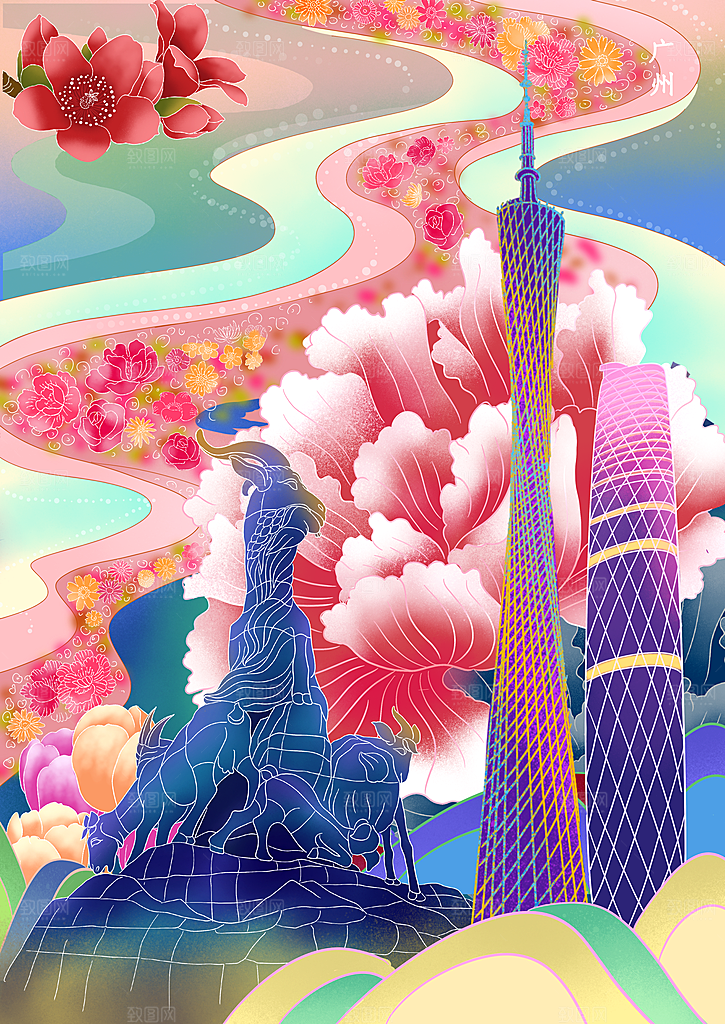 中国风地标建筑手绘城市景点景区插画