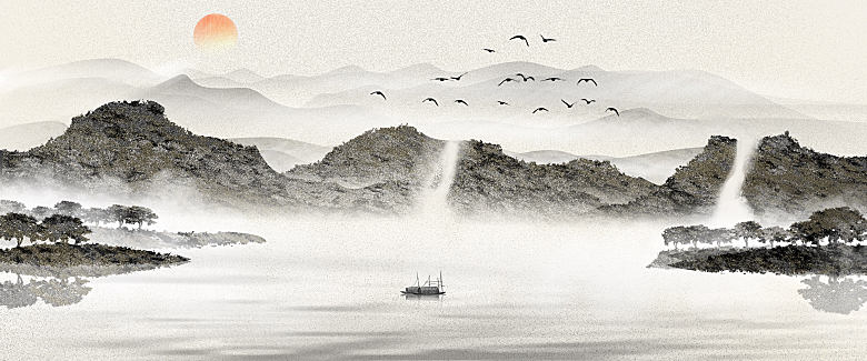 新中式渐变鎏金水墨山水装饰画