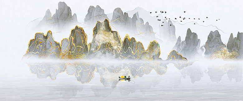 新中式渐变鎏金水墨山水装饰画