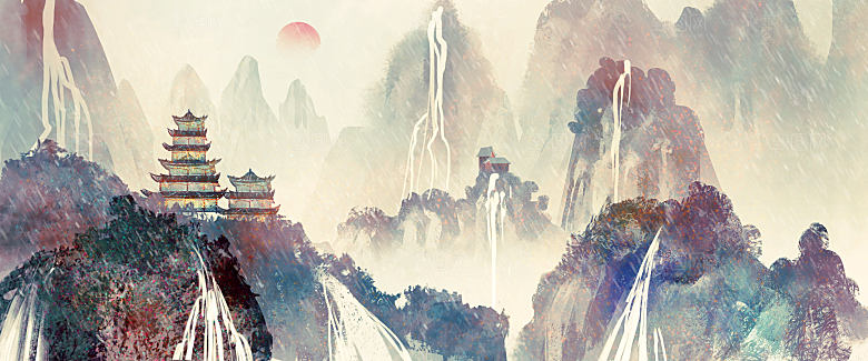 新中式渐变鎏金水墨山水装饰画