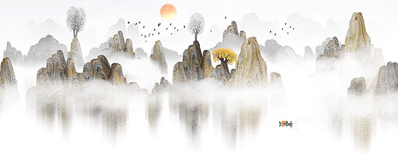 新中式渐变鎏金水墨山水飞鸟装饰画