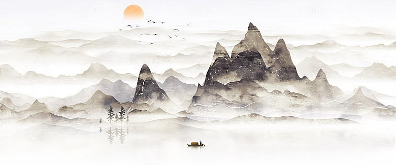 新中式渐变鎏金水墨山水装饰画