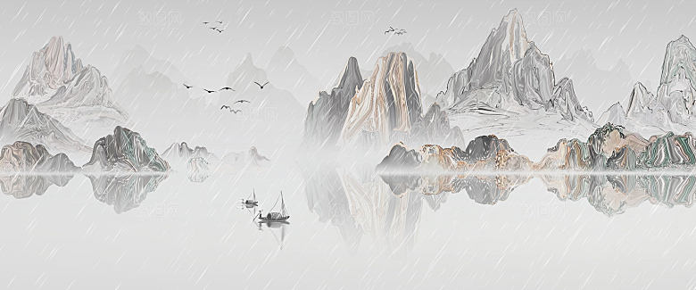 新中式渐变鎏金水墨山水装饰画