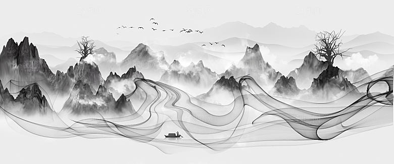 新中式渐变鎏金水墨山水装饰画