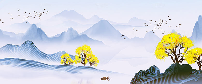新中式渐变鎏金水墨山水装饰画