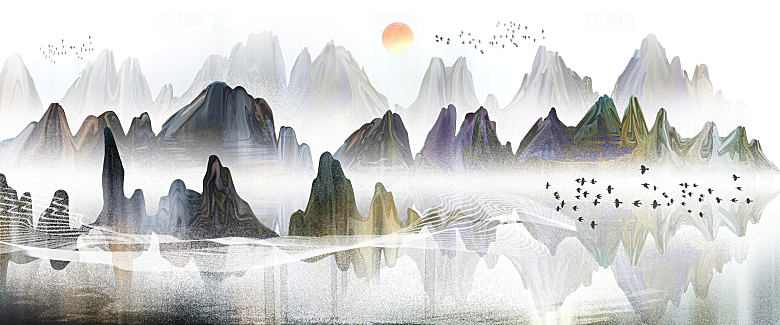 新中式渐变鎏金水墨山水装饰画