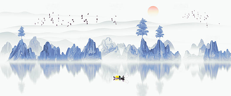 新中式渐变鎏金水墨山水装饰画