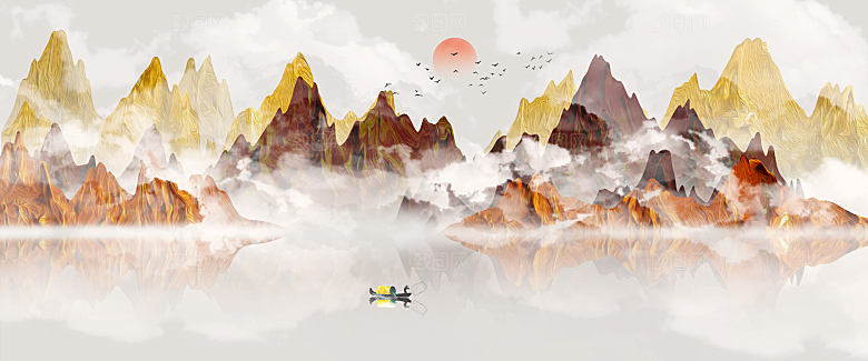 新中式渐变鎏金水墨山水装饰画