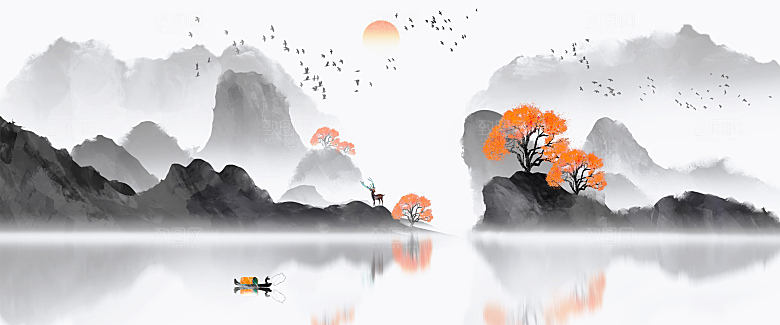 新中式渐变鎏金水墨山水装饰画
