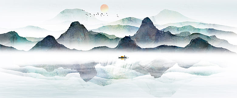 新中式渐变鎏金水墨山水装饰画
