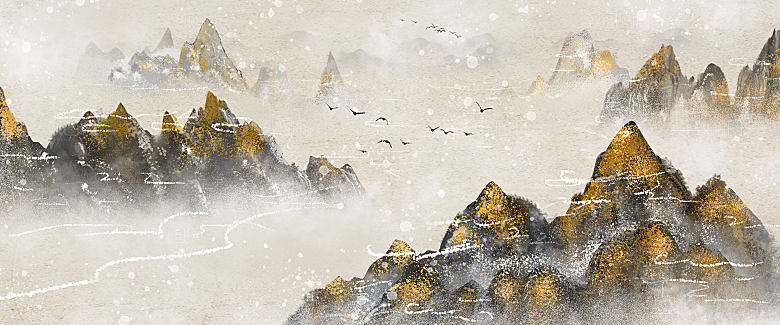 新中式渐变鎏金水墨山水装饰画
