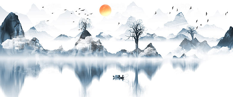 新中式渐变鎏金水墨山水装饰画