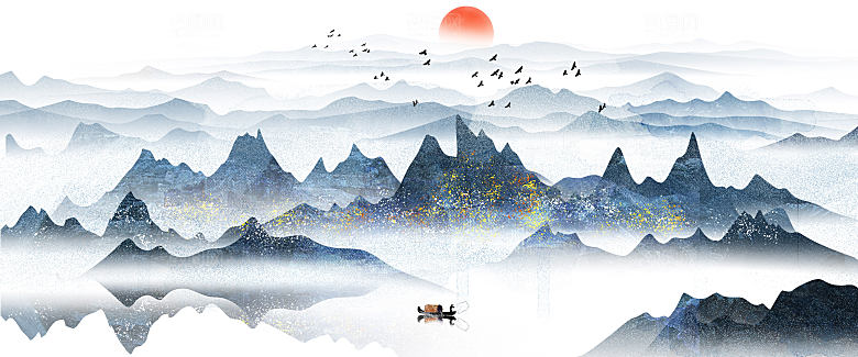 新中式渐变鎏金水墨山水装饰画